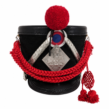 Load image into Gallery viewer, Black Shako with Red Napoleonic Cords and Silver Badge