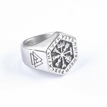 Load image into Gallery viewer, Beowulf Regalia Handcrafted Stainless Steel Hexagonal Vegvisir &amp; Valknut Rune Ring | Regalia Lodge
