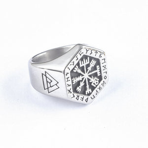 Beowulf Regalia Handcrafted Stainless Steel Hexagonal Vegvisir & Valknut Rune Ring | Regalia Lodge