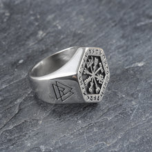 Load image into Gallery viewer, Beowulf Regalia Handcrafted Stainless Steel Hexagonal Vegvisir &amp; Valknut Rune Ring | Regalia Lodge