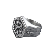 Load image into Gallery viewer, Beowulf Regalia Handcrafted Stainless Steel Hexagonal Vegvisir &amp; Valknut Rune Ring | Regalia Lodge