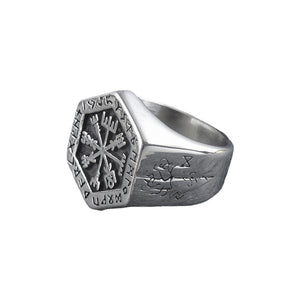 Beowulf Regalia Handcrafted Stainless Steel Hexagonal Vegvisir & Valknut Rune Ring | Regalia Lodge