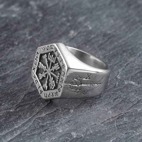 Beowulf Regalia Handcrafted Stainless Steel Hexagonal Vegvisir & Valknut Rune Ring | Regalia Lodge