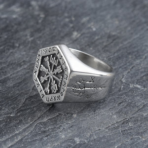 Beowulf Regalia Handcrafted Stainless Steel Hexagonal Vegvisir & Valknut Rune Ring | Regalia Lodge