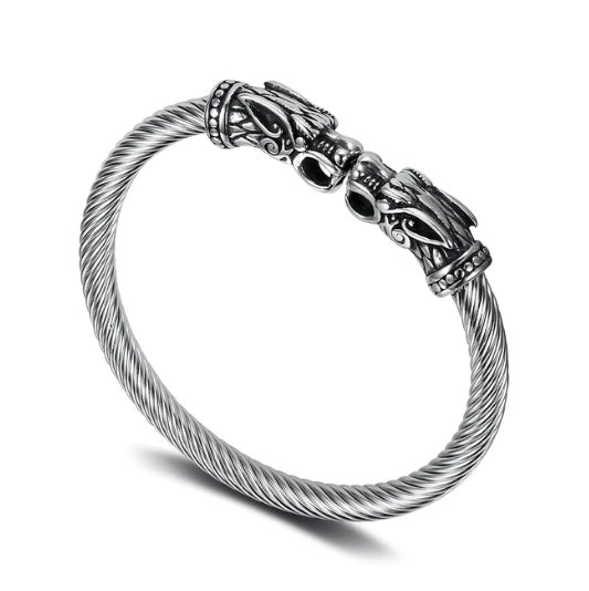 Beowulf Regalia Handcrafted Stainless Steel Wolf Head Torc Bracelet | Regalia Lodge