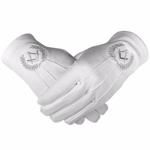 Masonic Cotton Gloves with Machine Embroidery Square Compass Silver (2 Pairs) | Regalia Lodge