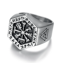 Load image into Gallery viewer, Beowulf Regalia Handcrafted Stainless Steel Hexagonal Vegvisir &amp; Valknut Rune Ring | Regalia Lodge