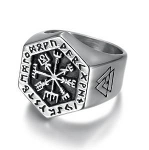 Beowulf Regalia Handcrafted Stainless Steel Hexagonal Vegvisir & Valknut Rune Ring | Regalia Lodge
