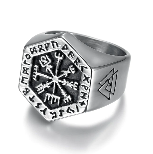 Beowulf Regalia Handcrafted Stainless Steel Hexagonal Vegvisir & Valknut Rune Ring | Regalia Lodge
