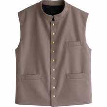 Load image into Gallery viewer, Brown Band-Collar Military Vest with Brass Buttons