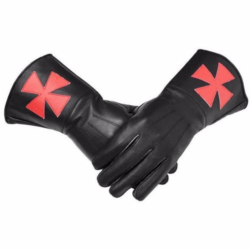 Masonic Regalia Knight Templar Black Gauntlets Red Cross Soft Leather Gloves | Regalia Lodge
