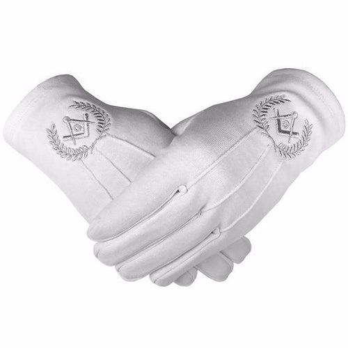 Masonic Cotton Gloves with Machine Embroidery Square Compass and G Silver (2 Pairs) | Regalia Lodge