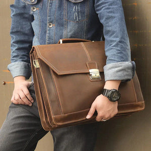 Crazy Horse Leather Briefcase Business mens briefcase cowhide layer Handbag Business Briefcase Multifunctional Briefcase | Regalia Lodge