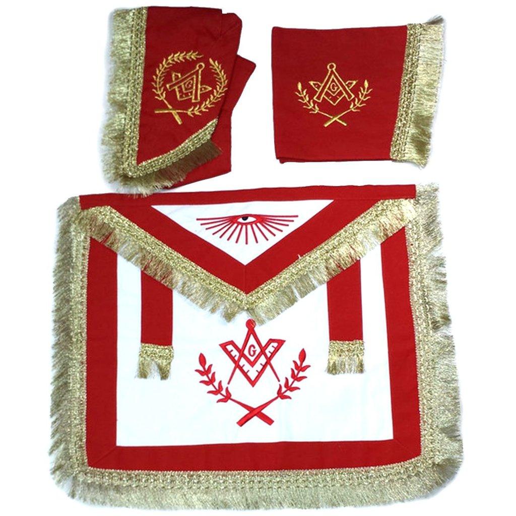 Master Mason Cardura Apron, Collar gauntlets Set with Fringe Red | Regalia Lodge