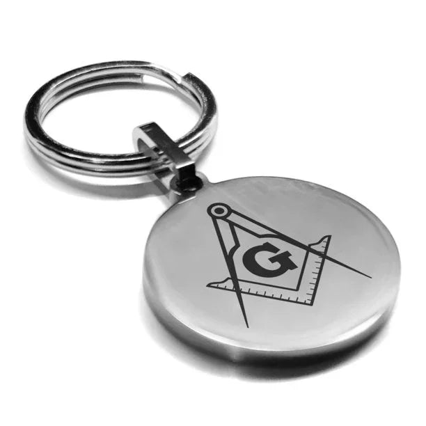 Stainless Steel Masonic Square and Compass Symbol Round Medallion Keychain Circle Ring - Masonic Keychains - Freemason Keychain - Black Masonic Pendant Key Rings - Freemasons Masonic Key ring | Regalia Lodge