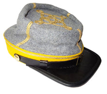 Carica l&#39;immagine nel visualizzatore di Gallery, Civil War CS Cavalry Captain&#39;s Leather Peak kepi, Grey/Yellow Band 2 rows braids | Regalia Lodge