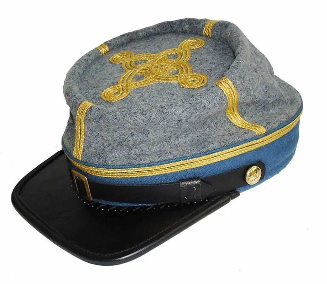 Civil War Confederate Infantry Major's Leather Peak Kepi, Grey/Sky Band 3 rows | Regalia Lodge