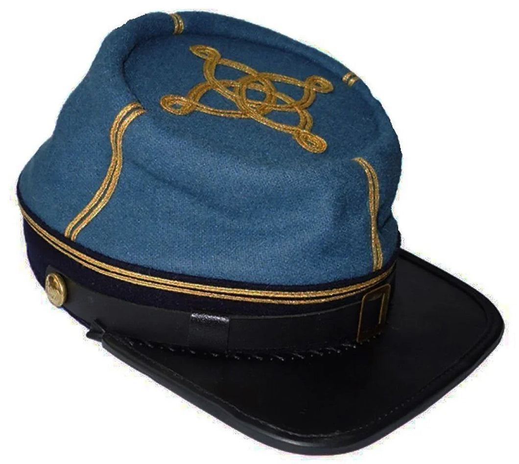 Civil War Infantry Pattern Leather Peak Captain's Kepi, Sky Blue/Black 2 rows | Regalia Lodge