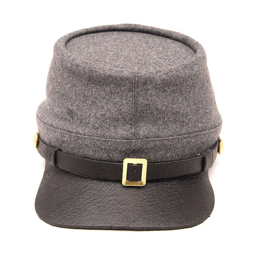 Civil War Confederate Officer's Kepi, Gray Plain Full Leather Peak Kepi | Regalia Lodge